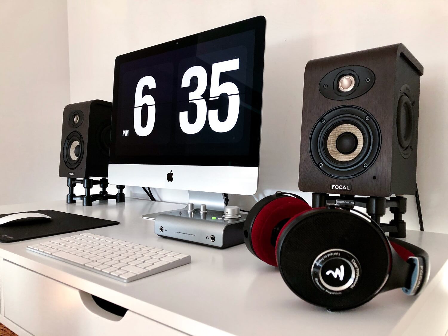 Home mixing setup including iMac, interface, speakers and headphones