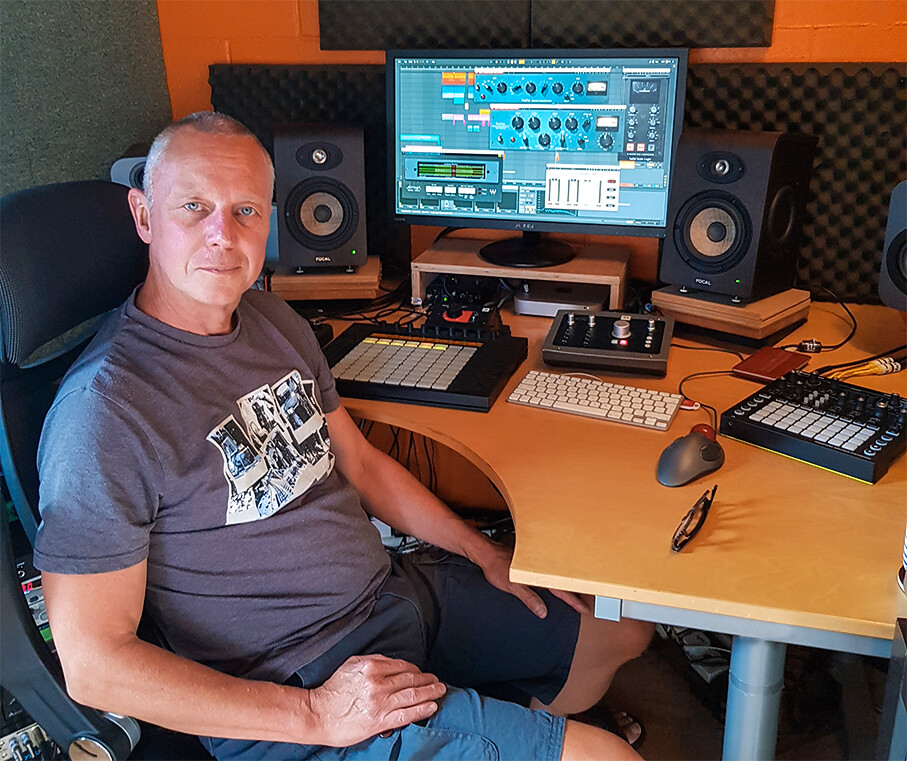 Mick Feltham in his mix/production stutio