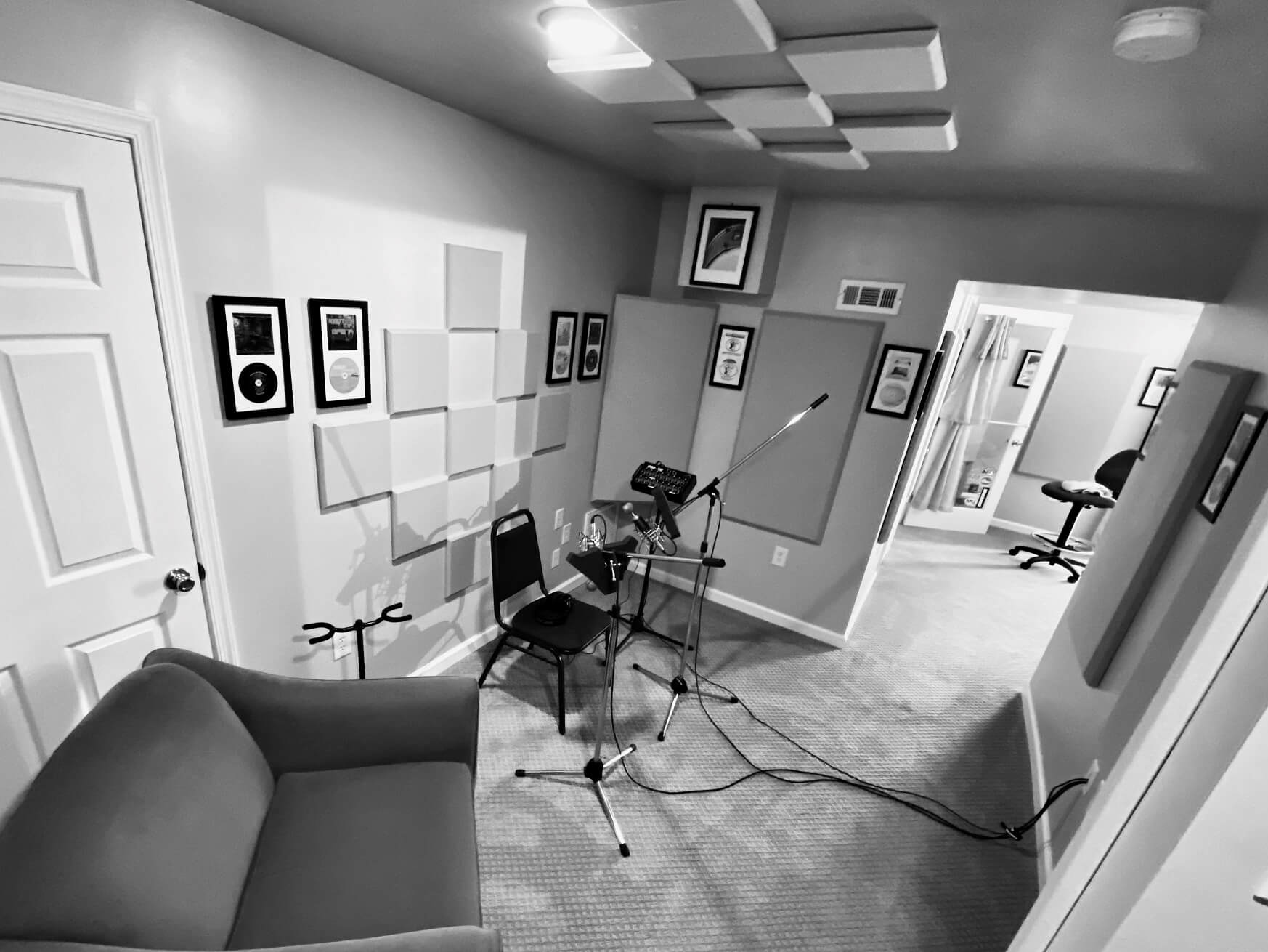 Recording booth with mics, chair & cables