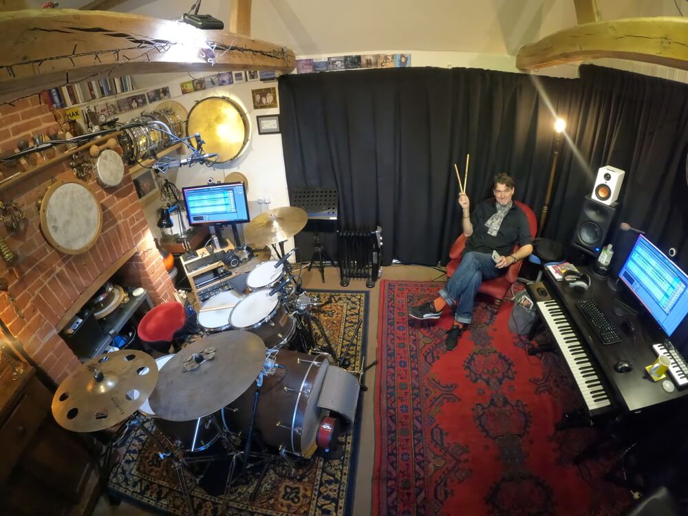 Bird's eye view of studio setup in a barn including Terl Bryant and his drumkit