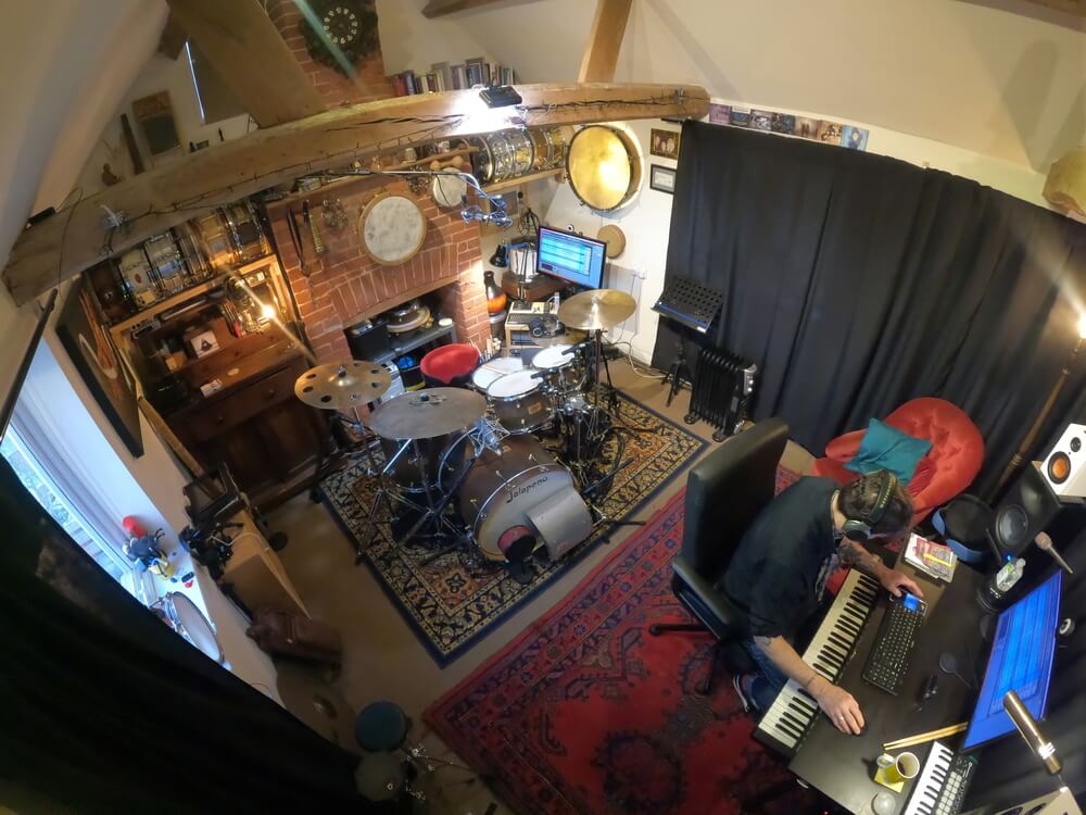 Terl Bryant's oak-beamed studio including his drumkit and workstation