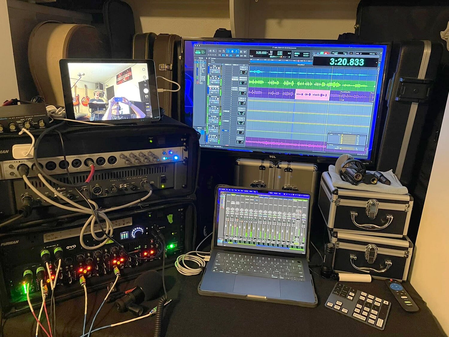 Mobile recording rig featuring heaps of rackmount recording gear, a laptop & separate monitor