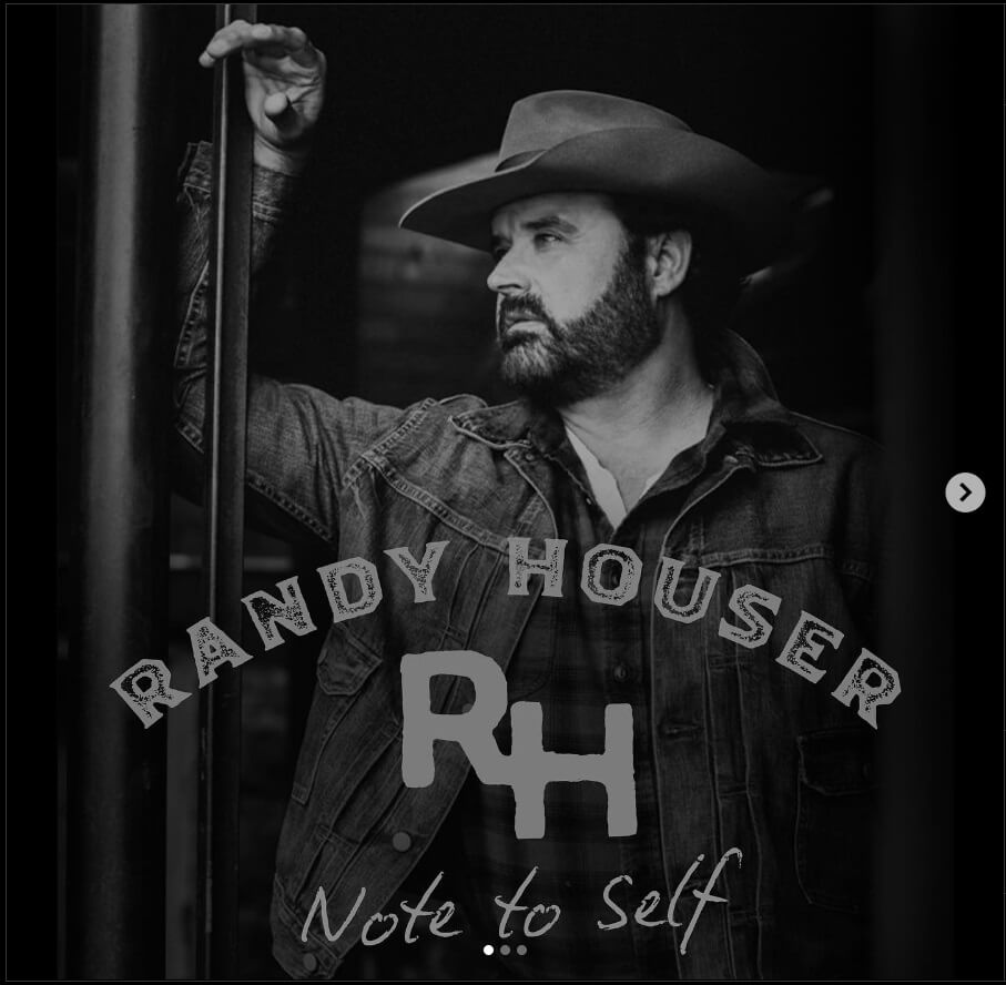 Note To Self album cover: Randy in denim and a cowboy hat leaning on a door post looking thoughtfully into the middle distance in black & white