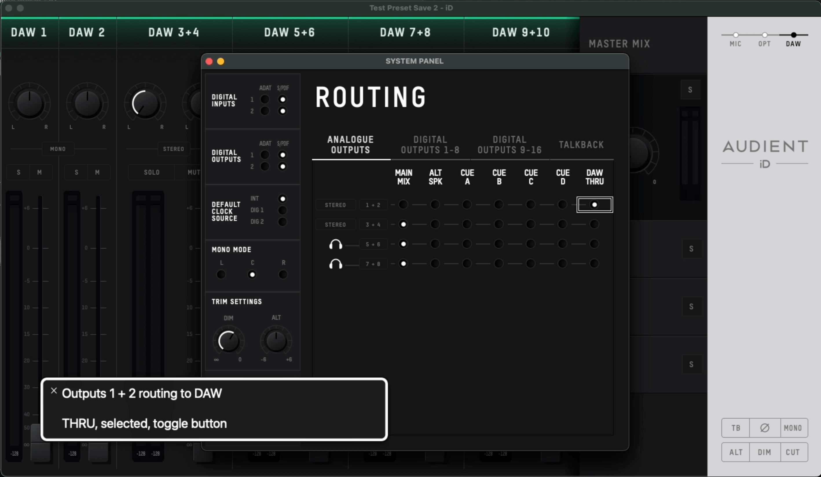 Screenshot: System panel routing matrix control