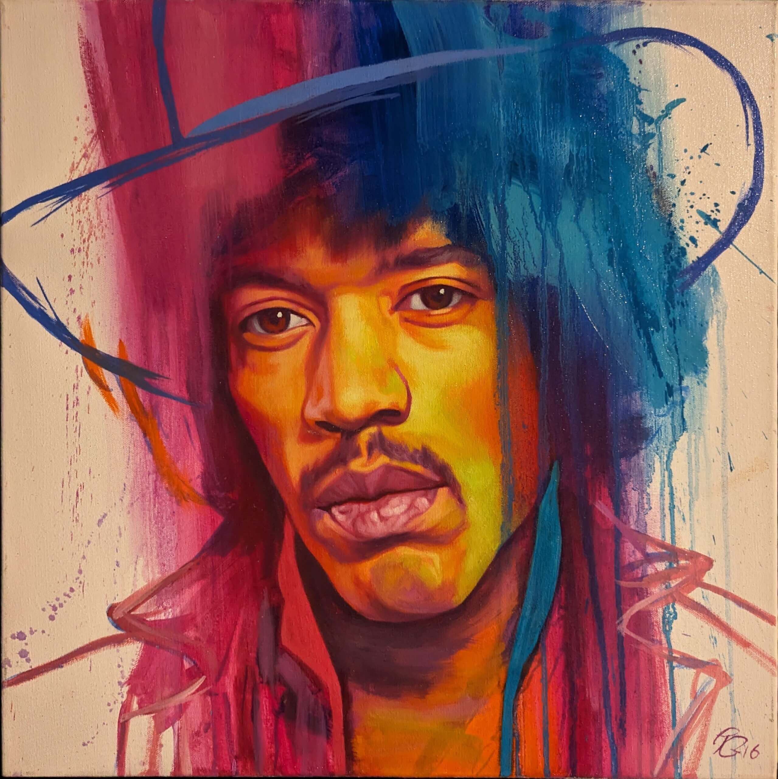 UK artist Bob Goldsborough donated music inspired artwork including this Jimi Hendrix painting to The Live Room