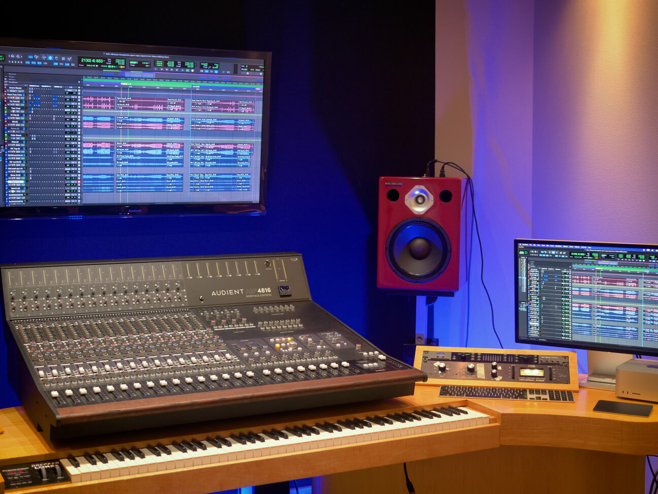 Mixing console and other studio equipment in Warren Huart's very tidy studio in LA