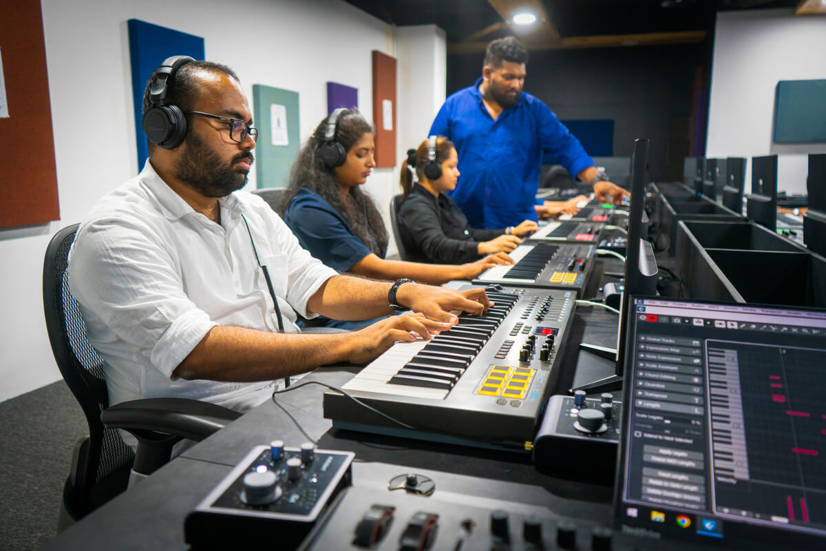 Pearlbay students in Sri Lanka learning in the new audio lab with Audient iD4 audio interfaces