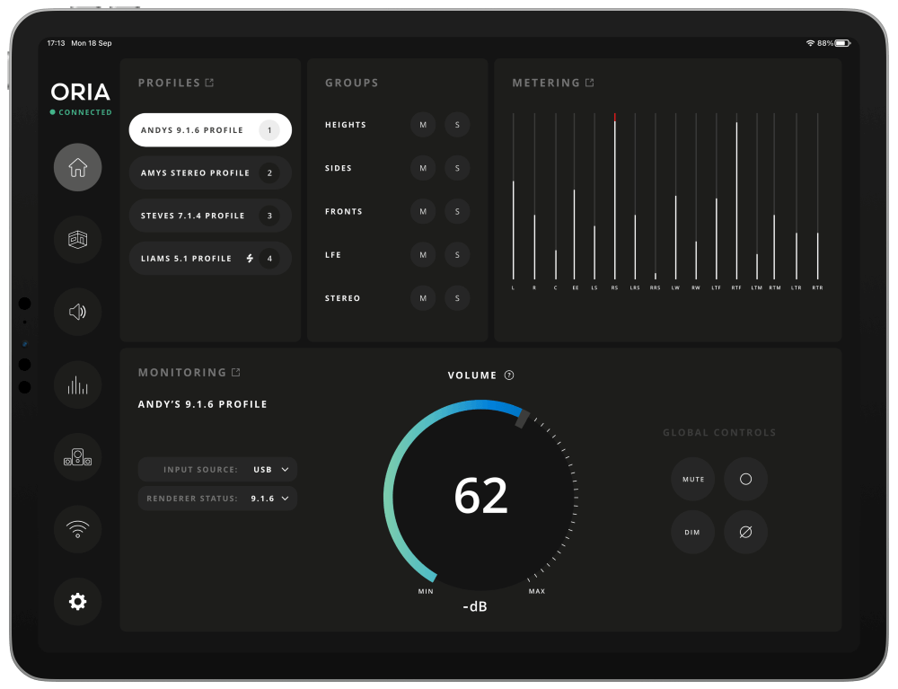 iPad Remote App for ORIA - Home Screen