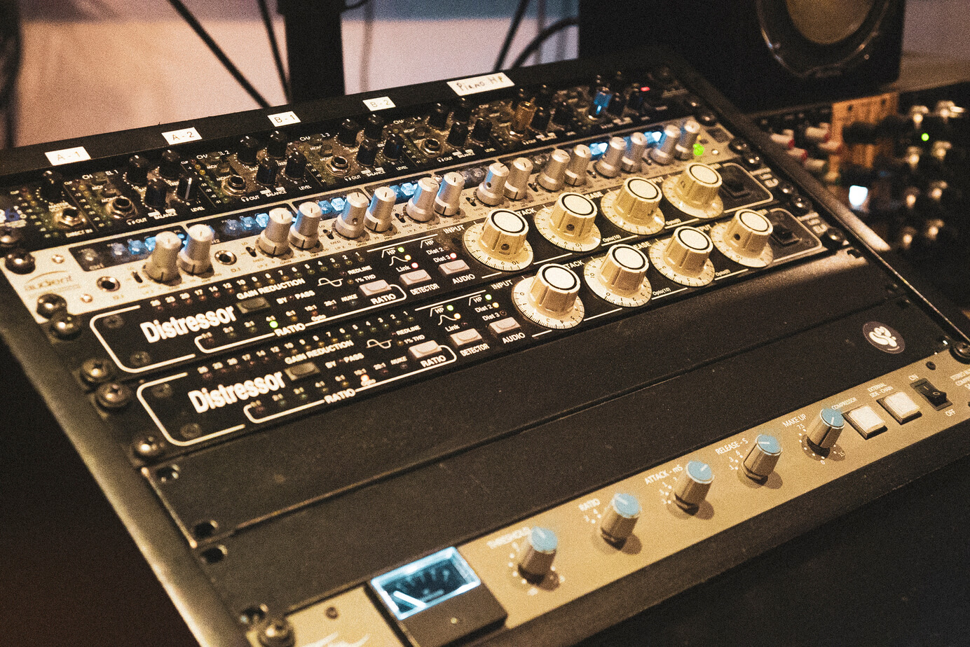 Numen Studios' selection of mic preamps in a rack - including Audient ASP880