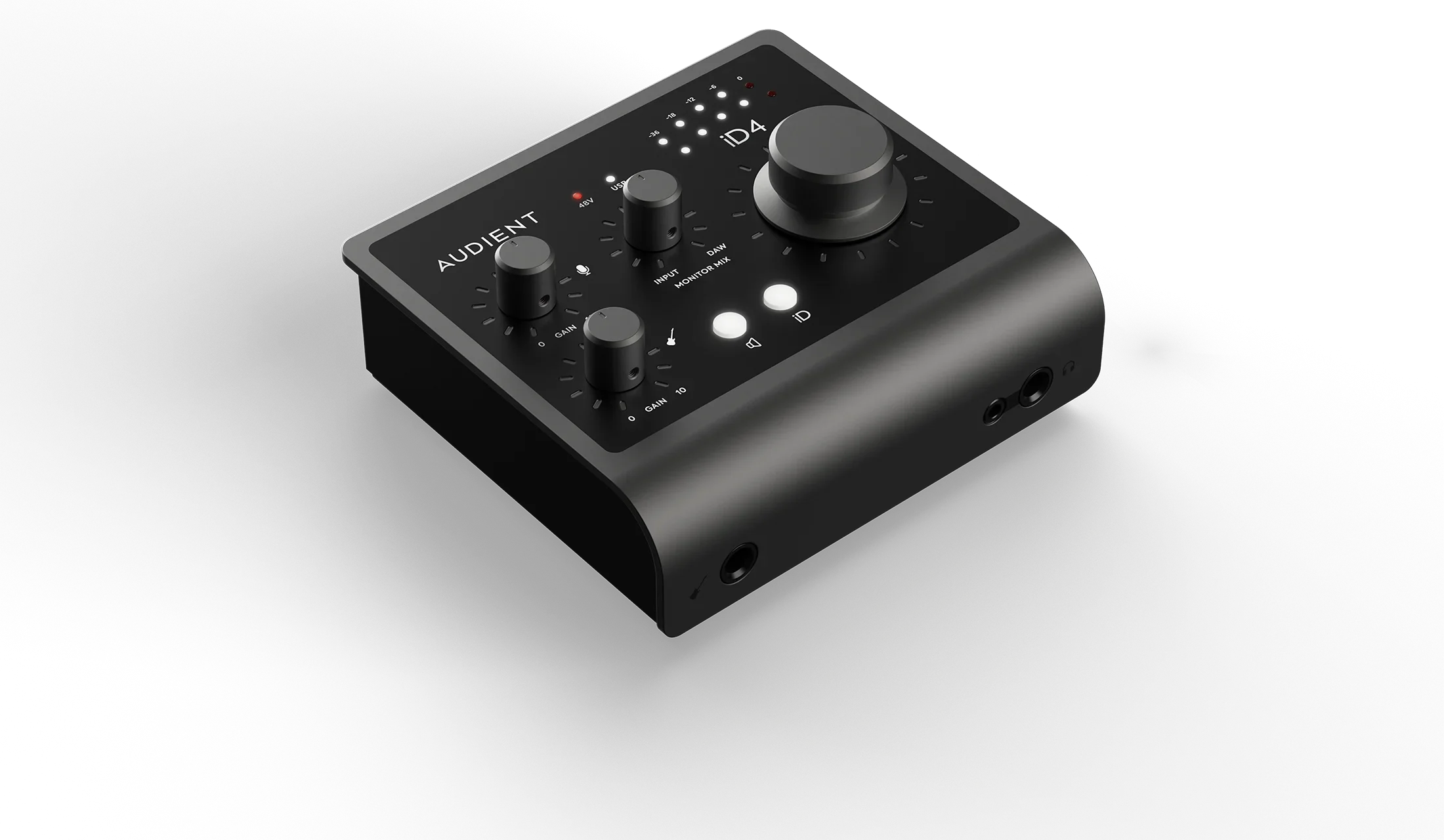 The iD4 audio interface with its lights illuminated